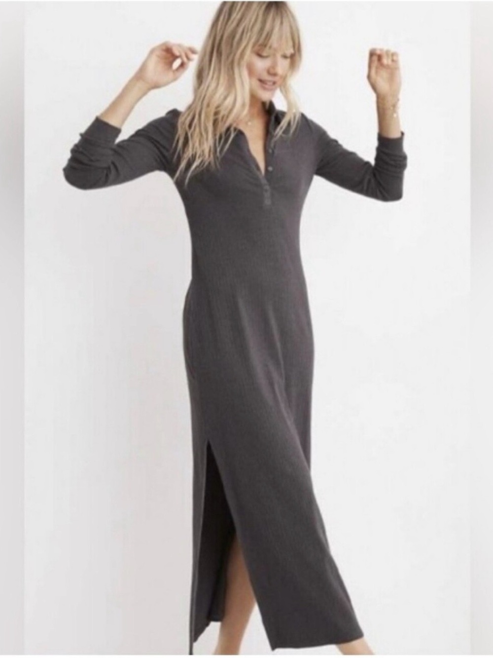 aerie Charcoal Ribbed Henley Maxi Dress with Side Slit